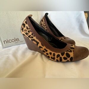 Leopard calf-hair wedges, Nicole brand, like new, size 10